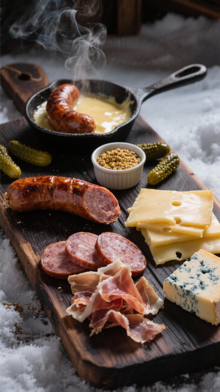 Easy Diy Christmas Charcuterie Boards for Beginners That Wow Every Guest 45-degree angle, rustic après-ski spread styled on a dark wood board: thick slices of smoked sausage (kielbasa or andouille) with a slight sear, torn ribbons of speck or smoked prosciutto, neatly stacked gruyère slices, chunky rectangles of raclette or fontina ready to melt, and a modest wedge of blue cheese with mottled veins. Steam rising from warm sausage, small cast-iron pan with just-melted raclette edge, coarse-grain mustard in a ramekin and a few cornichons for alpine flair. Moody side lighting, cozy winter chalet vibe, appetizing melted-cheese gloss.