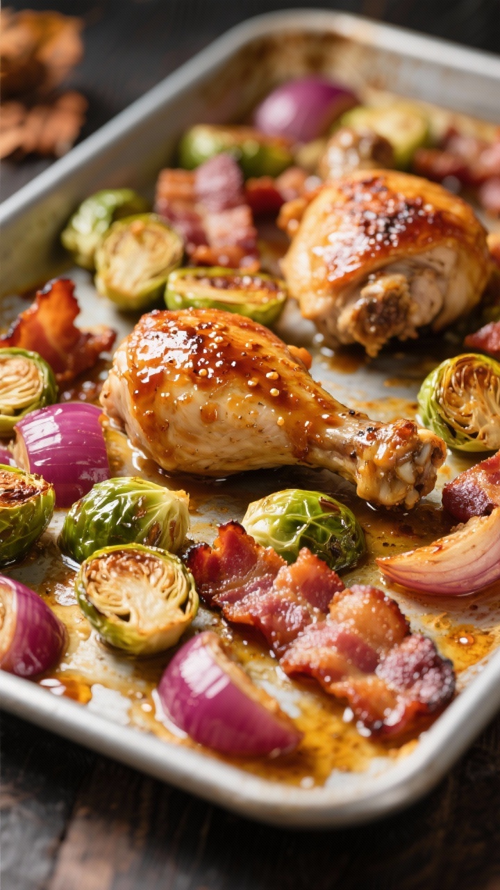 45-degree angle sheet-pan maple-Dijon chicken with Brussels sprouts and bacon: bone-in, skin-on thighs with lacquered maple-Dijon glaze, skin bubbling and crisp; halved Brussels sprouts caramelized cut-side down; thick-cut bacon pieces rendered and glistening; red onion wedges softened and sweet; sticky-salty pan drippings pooled between ingredients; warm, autumnal color palette.