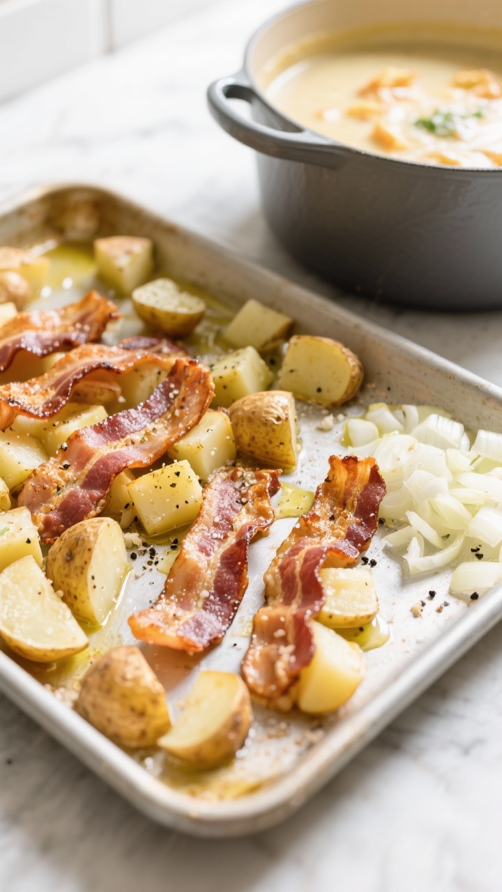 45-degree angle sheet-pan process shot for the 30-minute baked potato soup: small Yukon gold potatoes diced 3/4-inch tossed with olive oil, kosher salt, black pepper, and garlic powder on a rimmed sheet pan; six bacon slices arranged to render and crisp alongside a finely chopped onion scattered over one corner; golden edges beginning to form on potatoes; bright, high-key kitchen light, crisp detail, with a soup pot in the background ready to receive the roasted components for quick blending.