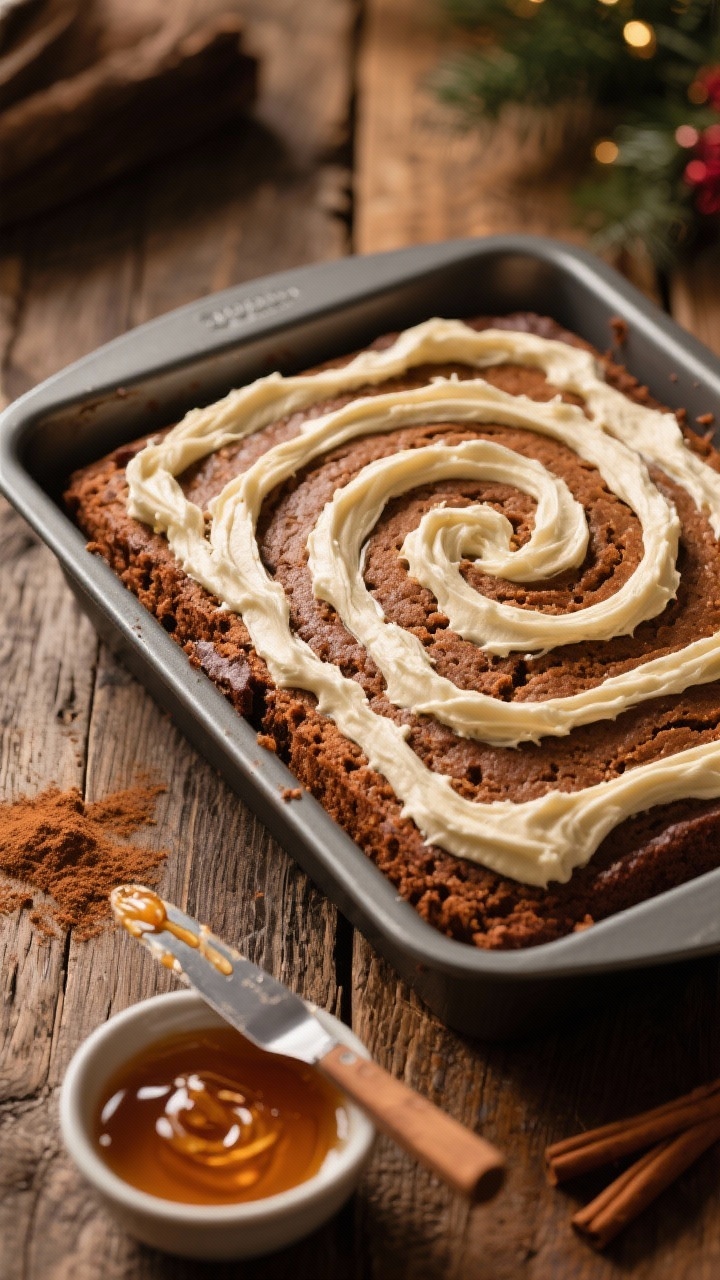 45-degree angle shot of a 30-minute gingerbread sheet cake in its pan, thickly swirled with maple cream cheese frosting; the cake shows a tight, moist crumb with warm spices and deep molasses color; a small bowl of frosting, a drizzle of maple syrup, offset spatula with frosting trails, and a sprinkle of ground cinnamon on top; warm, cozy holiday mood on a rustic wooden table, soft side light.