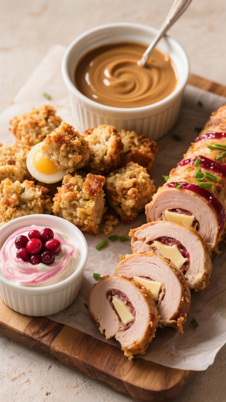 45-degree angle shot of a leftovers remix board: golden-brown stuffing bites (formed with leftover stuffing bound by egg) arranged in a cluster, a ramekin of silky gravy dip swirled with a spoon, and a second ramekin of cranberry-sour cream dip (cranberry sauce folded into sour cream) with a pink ripple; turkey roulades made from leftover turkey slices layered with provolone or Swiss and a stripe of cranberry sauce, rolled and sliced into coins; garnished with chives; warm, homey tones, soft light, and crisp detail on the stuffing crust and roulade cross-sections.
