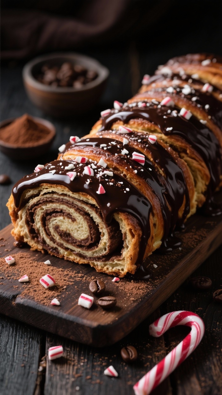 45-degree angle shot of a peppermint mocha swirl babka just out of the oven, dramatic chocolate-cocoa ribbons visible in the twisted loaf; dark chocolate glaze dripping down the sides, crushed peppermint candy sprinkled on top, a light espresso dusting on the board; set on a dark wood surface with a small bowl of cocoa powder, espresso beans, and a candy cane for context; moody lighting emphasizing glossy chocolate and marbled crumb.