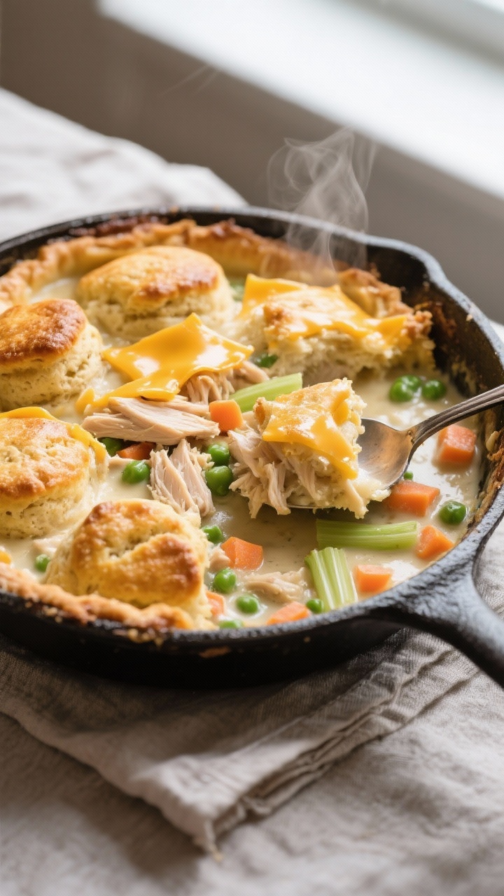 Transform Leftovers Into Gourmet Meals: Best Recipes to Try Tonight 45-degree angle shot of a rotisserie chicken pot pie skillet fresh from the oven: creamy chicken and veg filling bubbling at the edges, topped with deeply golden cheddar drop-biscuits, cheese frico on the peaks; visible shreds of rotisserie chicken, peas, diced carrots, celery; cast-iron skillet on a linen, a spoon breaking into a biscuit to reveal steamy interior; warm, cozy mood with soft window light.