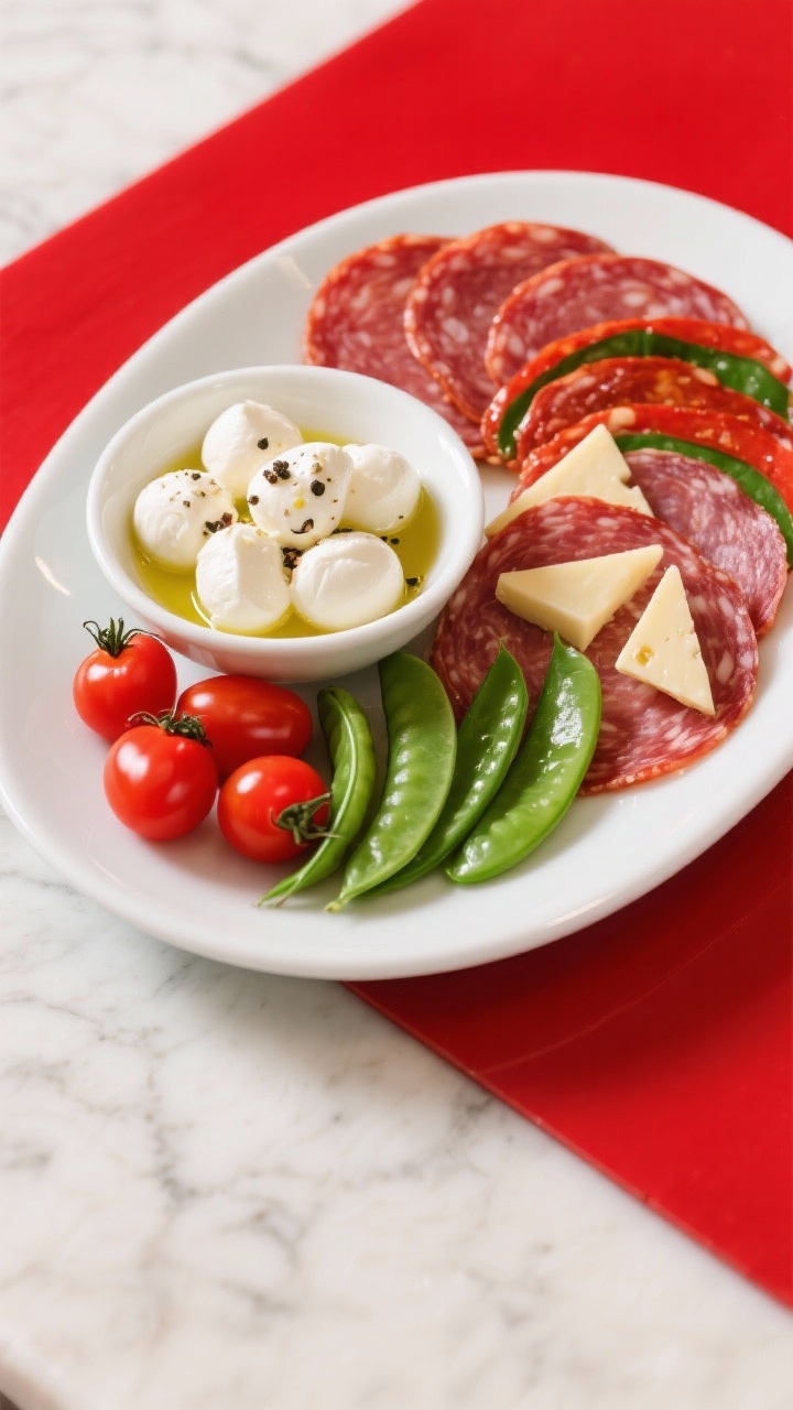 Easy Diy Christmas Charcuterie Boards for Beginners That Wow Every Guest 45-degree angle shot of a vibrant red-and-green holiday color-pop board: overlapping rounds of Calabrese salami and soppressata, gleaming fresh mozzarella balls (ciliegine) in a small white bowl, pepper jack cut into small triangles, bright cherry tomatoes, and crisp sugar snap peas arranged in alternating red-green bands. Minimalist white ceramic platter on a marble surface, clean modern styling, high contrast, specular highlights on mozzarella, a small drizzle of olive oil and cracked pepper on the ciliegine. Final plated presentation, no people.