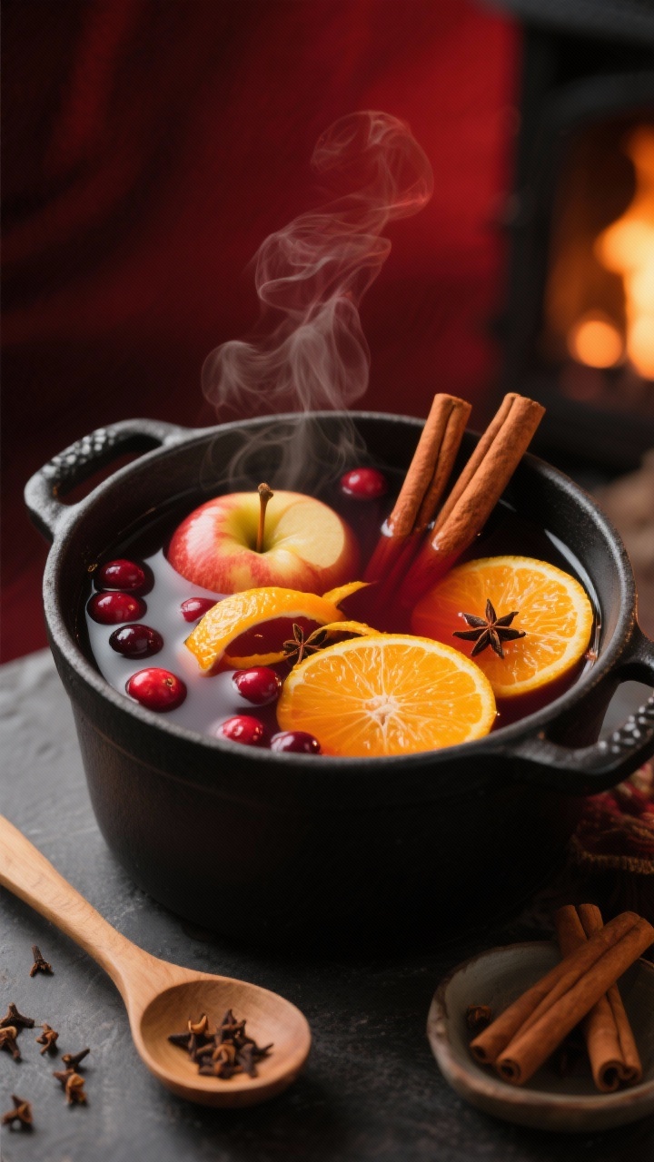 45-degree angle shot of a warm mulled cran-apple orange punch simmering in a matte black Dutch oven by a cozy backdrop. Visible wide orange zest strips, orange slices, three cinnamon sticks, and whole cloves studding the surface of the apple cider, cranberry juice, and orange juice blend; gentle steam rising. Include a wooden spoon, a small dish of whole cloves, and cinnamon sticks nearby. Warm, moody lighting with deep reds and ambers, evoking fireside comfort.