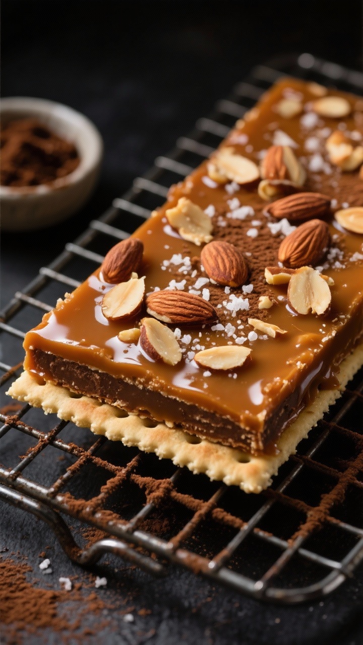 45-degree angle shot of Almond Roca–style cracker toffee on a cooling rack: saltine base enrobed in a deep-amber butter–granulated sugar caramel with optional light corn syrup for extra glassy smoothness, perfumed with vanilla, topped with finely chopped toasted almonds and a deliberate sprinkle of flaky sea salt; a bar snapped to show clean layers, espresso powder dusted lightly across the top and a small dish of fresh espresso grounds nearby; moody dark background, sharp focus on the glossy caramel sheen, shallow depth of field.