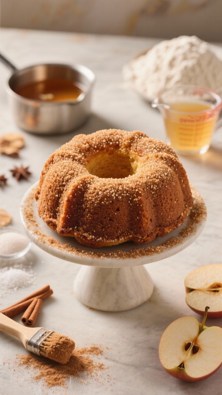 45-degree angle shot of an apple cider donut Bundt cake on a pedestal, coated in crunchy cinnamon-sugar. The cake shows a dense, tight crumb from reduced apple cider; a small saucepan of simmering cider reduction sits blurred in the background. Scatter ingredients in frame edges: a measuring cup with apple cider, all-purpose flour in a mound, baking powder, baking soda, fine salt, ground cinnamon. A few apple slices and a pastry brush dusted with cinnamon-sugar suggest the coating process. Cozy fall mood, golden hour light, appetizing sugar sparkle.