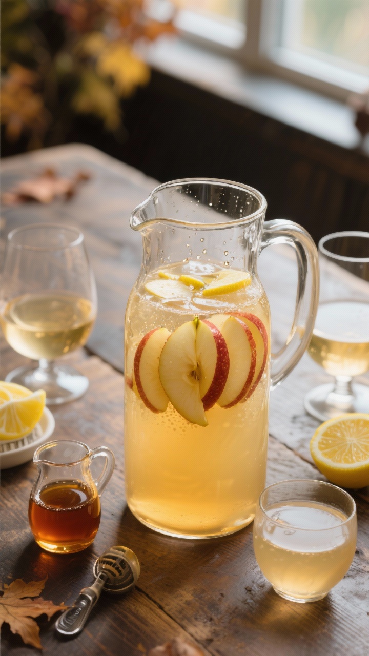 10 Festive Thanksgiving Drinks Everyone Will Love (and Ask You for the Recipe) 45-degree angle shot of Apple Cider Sangria in a tall clear pitcher, pale gold dry white wine blended with chilled apple cider and a splash of brandy, thin apple slices and lemon wheels floating, tiny droplets on the glass; a small pitcher of maple syrup and a juicer with squeezed lemon halves nearby; two stemless wine glasses partially filled, rustic autumn table, natural window light.