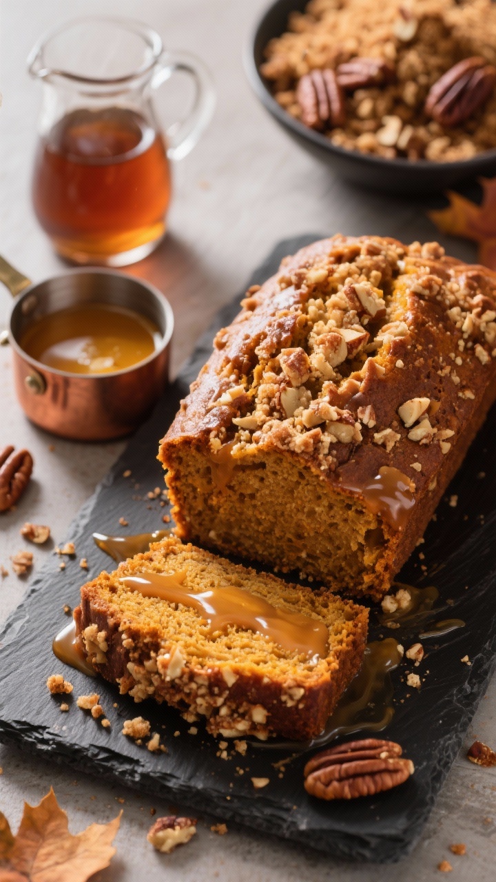 45-degree angle shot of Brown Butter Maple Pumpkin Bread with a thick, crunchy pecan streusel crown: the loaf on a dark slate board, crumbs scattered, glossy maple drizzle catching the light. Include a small copper saucepan of browned butter with toasted milk solids, a pitcher of maple syrup, and a bowl of chopped pecans and brown sugar streusel mix in the background. Autumnal tones, shallow depth of field highlighting the craggy streusel and moist pumpkin interior as a slice leans forward.