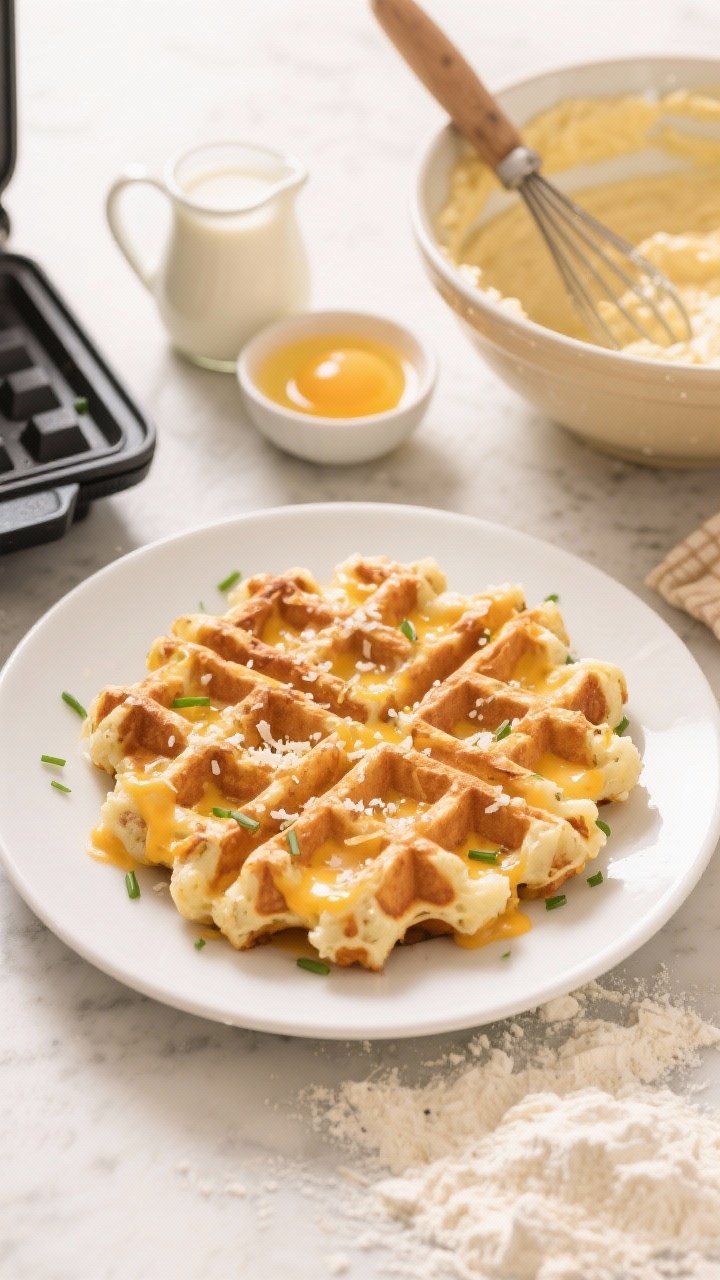45-degree angle shot of cheesy mashed potato waffles fresh from a waffle iron, deeply crisp ridges with melted mozzarella/Monterey Jack and grated Parmesan visible, a small pitcher of milk and a bowl of whisked eggs beside a mixing bowl of scoopable batter; flour dusting on the counter, golden brunch mood, clean bright lighting, served on a white plate with chives.