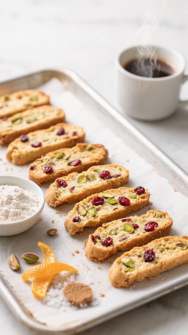 Healthy and Low-sugar Christmas Baking Recipes That’ll Steal the Cookie Tray 45-degree angle shot of cranberry pistachio biscotti lined up on a baking sheet after the second bake, showing golden edges and visible ruby cranberries and green pistachios. Include a small bowl of white whole wheat flour, almond flour, baking powder, fine sea salt, orange zest curls, and coconut sugar (or allulose) staged neatly nearby. Place a steaming cup of coffee slightly out of focus to suggest dipping. Clean, bright light, crisp detail on the sliced interiors, festive yet refined composition.