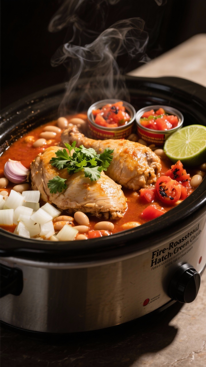 45-degree angle shot of “Fire-Roasted Hatch Green Chile Chili With Smoky Depth” simmering in a slow cooker: boneless skinless chicken thighs nestled among diced white onion, minced garlic, two cans of cannellini beans, and two cans of fire-roasted diced tomatoes; visible charred tomato pieces, smoky steam rising, garnished post-cook with chopped cilantro and a squeeze of lime on the side; moody, warm tones with directional side light emphasizing the smoky red-orange broth and tender chicken.