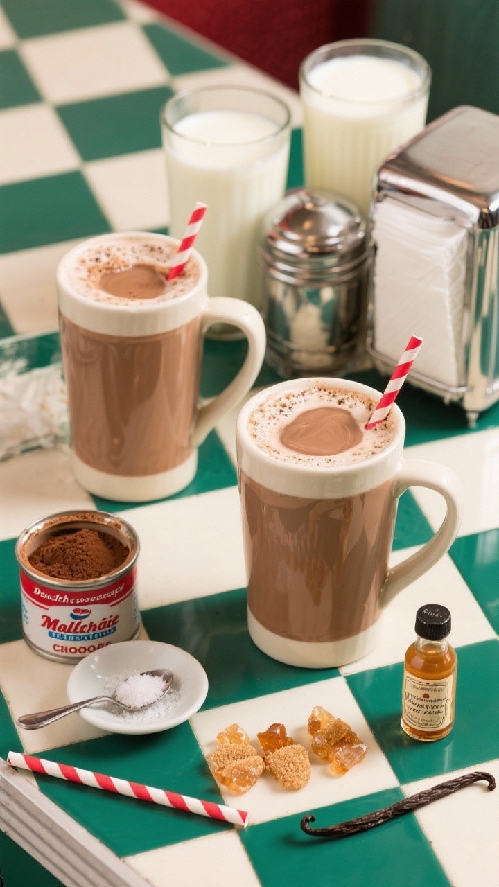 45-degree angle shot of malted diner-style cocoa poured into two thick, 1950s soda-fountain mugs with wide handles, pale cocoa-brown with a silky surface and light malt froth around the rim. Style with ingredients in frame: 3 cups whole milk and 1 cup half-and-half in chrome milkshake cups, a tin of Dutch-process cocoa powder, an open jar of malted milk powder with a heaping spoon, 3 tablespoons light brown sugar scattered in amber crystals, a pinch of kosher salt on a pinch dish, and a vintage vanilla extract bottle. Place on a checkered Formica countertop with a red-striped straw and a chrome napkin holder to evoke soda fountain vibes.