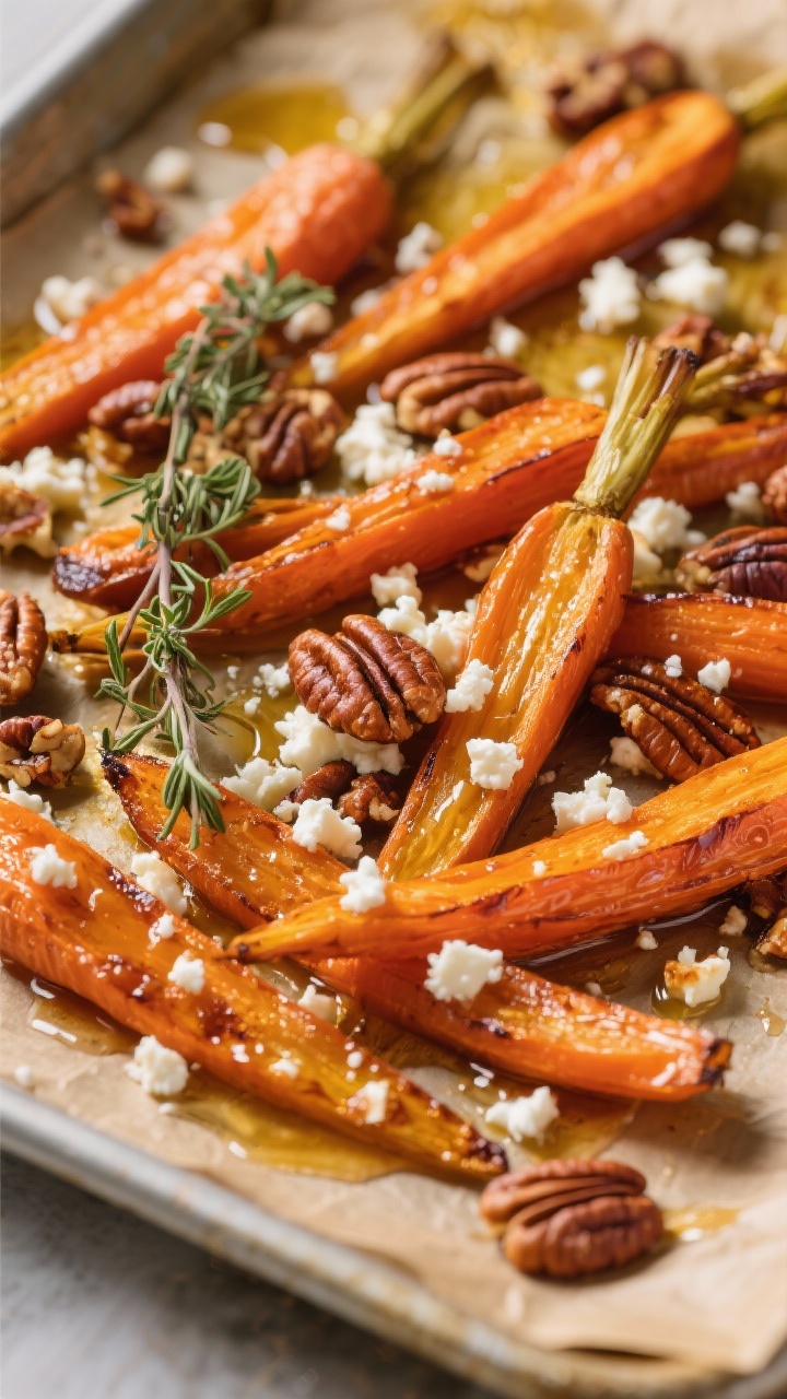 45-degree angle shot of maple-roasted carrots cut on a bias, caramelized edges glistening with pure maple syrup, scattered crispy pecans, crumbled feta “snow,” and a sheen from olive oil, with a whisper of apple cider vinegar glaze; arranged on a parchment-lined sheet pan with golden roasted bits, garnished with fresh thyme, warm orange and amber tones, crisp detail on textures.