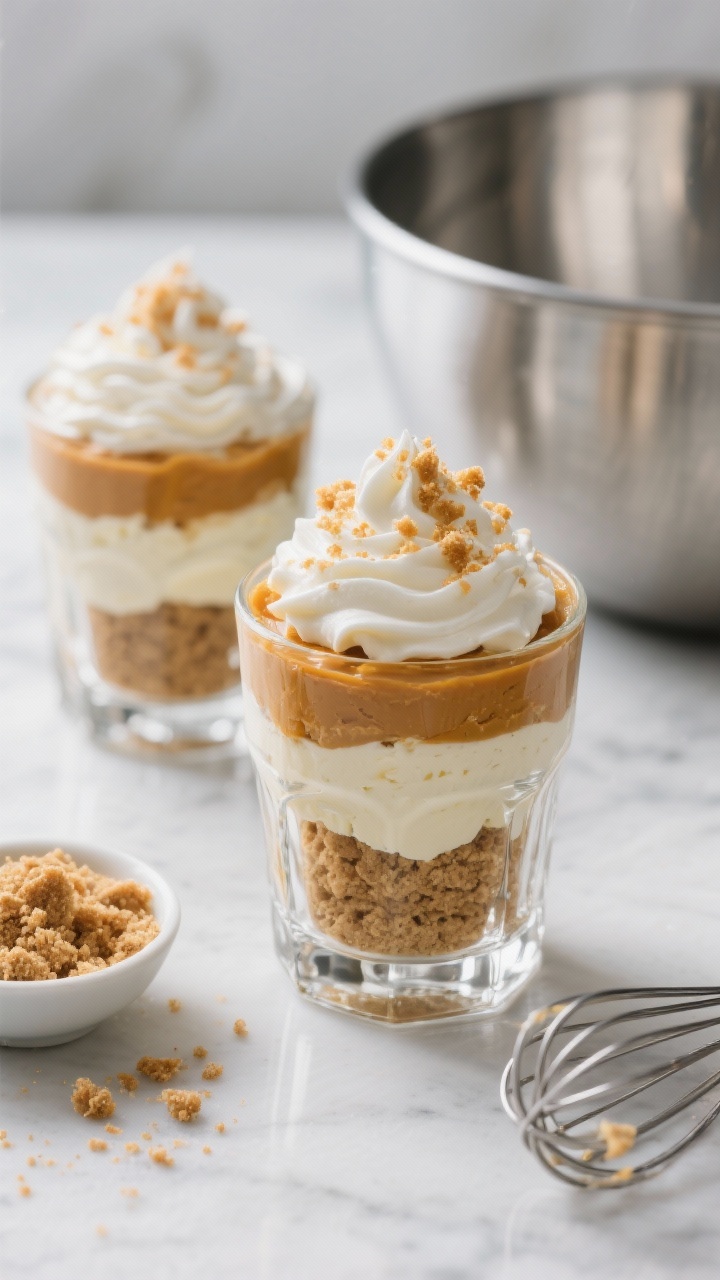 45-degree angle shot of No-Bake Pumpkin Cheesecake Parfaits layered in clear rocks glasses: bottom layer of sandy graham cracker crumbs mixed with granulated sugar and melted unsalted butter, middle layer of tangy cream cheese folded with cold heavy cream to a cloudlike texture, and a top swirl of pumpkin cheesecake cream. Garnish with extra graham crumb sprinkle. Include props: a small bowl of graham cracker crumbs, a whisk with traces of whipped cream, and a chilled metal mixing bowl in the background. Cool, airy mood, clean lines, reflective highlights on glass, zero people.