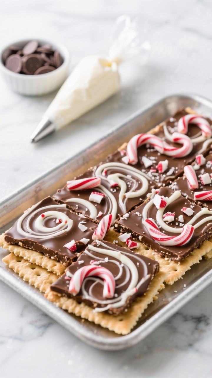 45-degree angle shot of peppermint bark cracker toffee: a tray of saltine toffee topped with melted semisweet chocolate swirled with ribbons of glossy white chocolate, finished with crushed candy cane pieces for a jingle-bell crunch; include a small bowl of semisweet chips and a piping bag with white chocolate in the background; cool winter tones, clean marble surface.