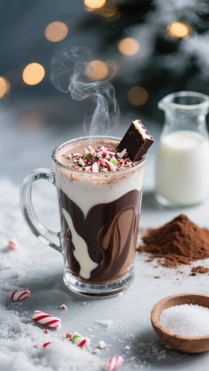 45-degree angle shot of Peppermint Bark Hot Chocolate in a clear glass mug to showcase layered richness, garnished with crushed peppermint candy and a shard of dark-and-white chocolate peppermint bark; visible velvety texture from whole milk and half-and-half, dark cocoa base with glossy melted dark chocolate swirls and flecks of white chocolate; a side scene of ingredients: a small jug of milk, half-and-half, mounds of cocoa powder and granulated sugar; cool-toned winter backdrop with twinkle-light bokeh; steam rising for holiday warmth.