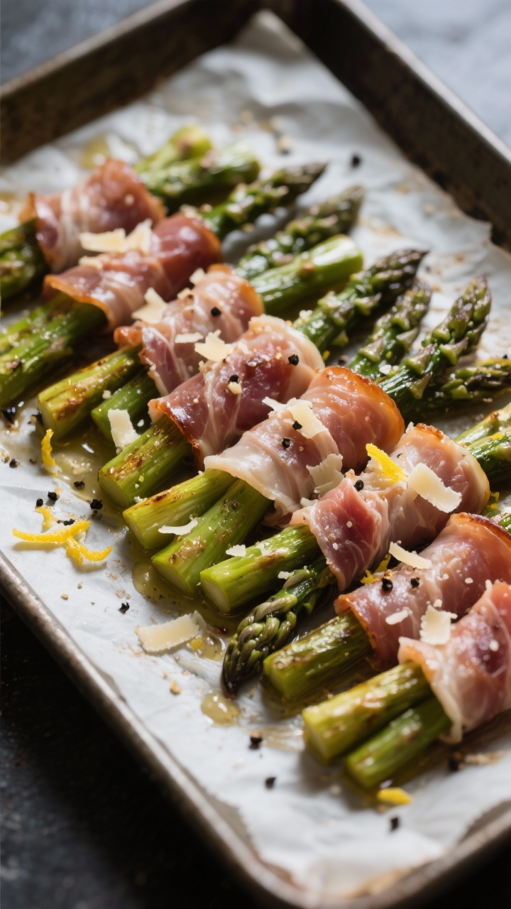 45-degree angle shot of Prosciutto-Wrapped Asparagus on a parchment-lined sheet pan just out of the oven: thin asparagus spears tightly wrapped with delicate prosciutto strips, edges crisped; a light sheen of olive oil, visible flecks of black pepper and garlic powder; lemon zest and freshly grated Parmesan scattered for a crunchy finish; moody side light emphasizing salty-savoriness and texture