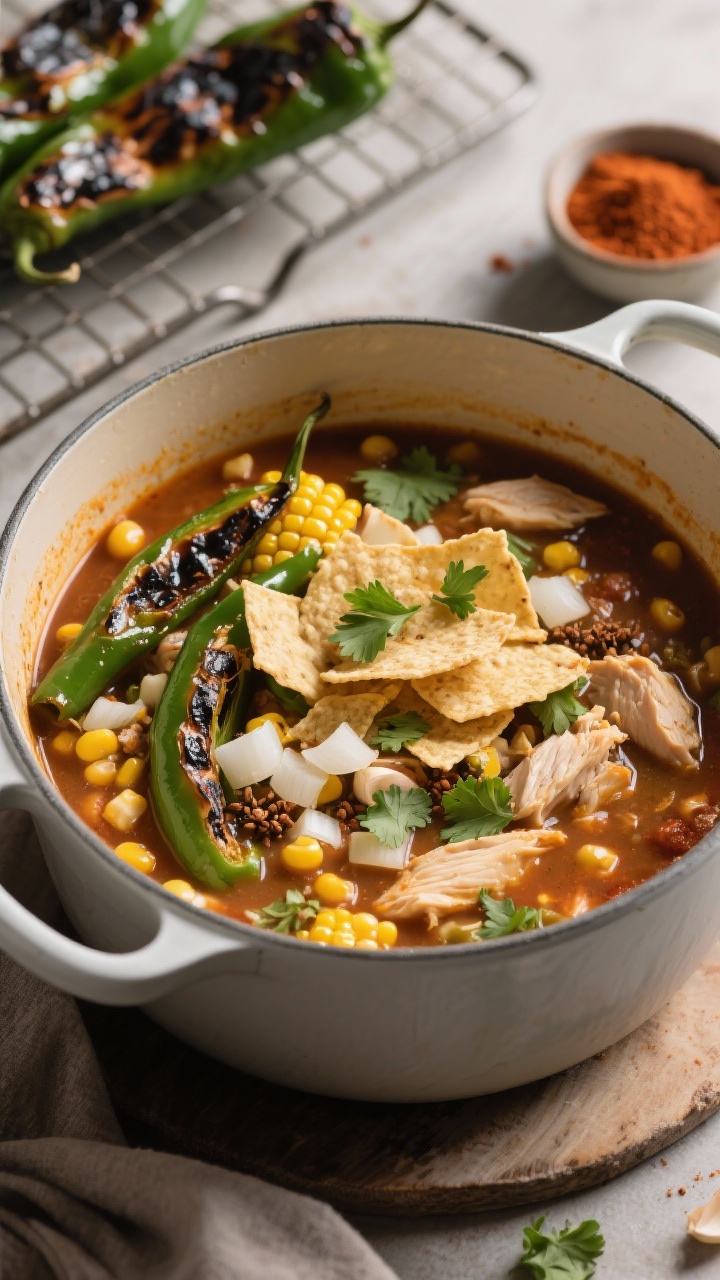 45-degree angle shot of roasted poblano and corn white chicken chili in a wide enamel Dutch oven, capturing charred-skinned poblano strips, sweet corn kernels, diced white onion, minced garlic, ground cumin, smoked paprika and chili powder creating a warm amber-green hue; chunks of chicken visible in a slightly thick, rustic broth; topped with crushed tortilla chips and a sprinkle of chopped cilantro; background includes a cooling rack with blistered poblanos and a small bowl of smoked paprika; warm, smoky ambiance.