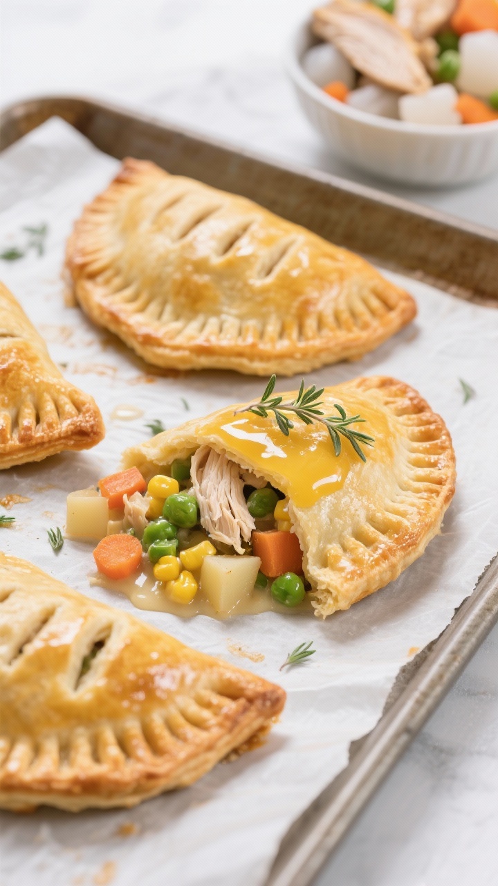 Easy and Creative Leftover Recipes for Busy Weeknights You’ll Crave Again 45-degree angle shot of rotisserie chicken pot pie hand pies just out of the oven: golden, flaky puff pastry turnovers with vent slits, oozing creamy filling of shredded rotisserie chicken, peas, carrots, corn, and diced potato. One hand pie cut open to show the hearty interior; glossy egg-wash shine, a few thyme leaves sprinkled on top. Plated on a parchment-lined sheet pan with a small bowl of leftover rotisserie chicken and frozen veg in the background for context; clean, bright light.