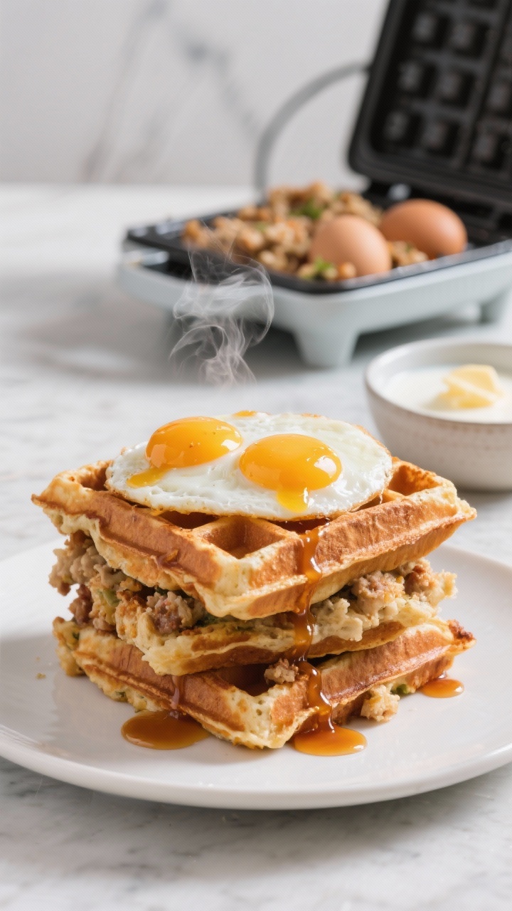 10 Easy Thanksgiving Leftover Recipes You Can Make in Under 20 Minutes—you’ll Crave These 45-degree angle shot of stuffing waffles stacked high, edges deeply crisped and golden, topped with two runny fried eggs, hot honey drizzled over yolks, steam rising; waffle iron in the background lightly greased with butter, a small bowl with mixed stuffing, eggs, and milk for binding off to the side; served on a white plate with a drizzle trail of hot honey.