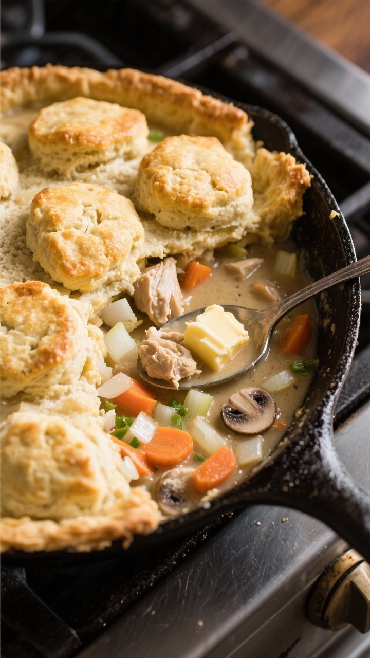 45-degree angle skillet scene of a biscuit-topped chicken pot pie on the stovetop: cast-iron pan filled with a velvety gravy made from unsalted butter, sautéed diced onion, thin-sliced carrots, optional sliced mushrooms, minced garlic, and flour, topped with golden, puffed drop biscuits; edges bubbling, a spoon showing creamy interior, warm weeknight comfort mood, rich contrast, professional food styling, no people.