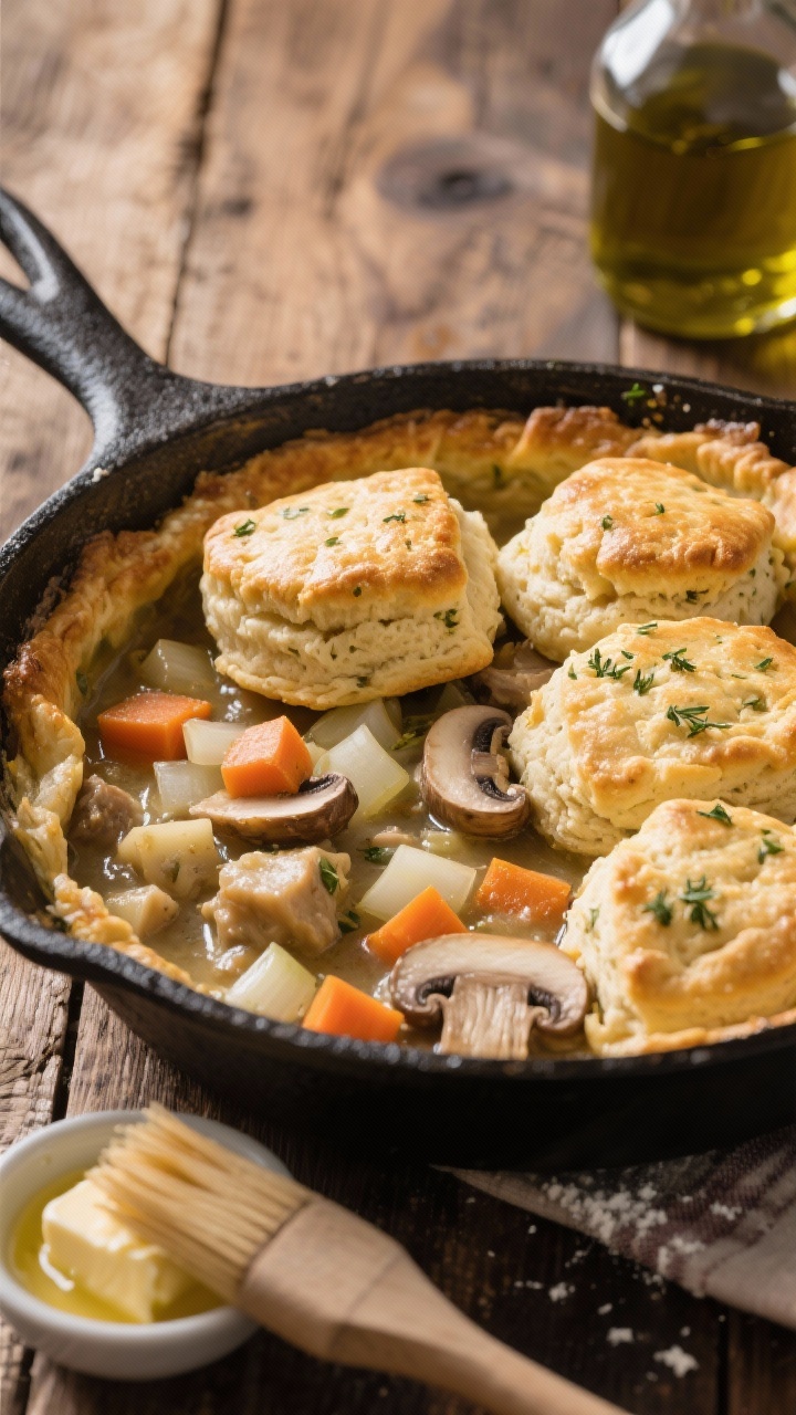 45-degree angle skillet scene of a Skillet Chicken Pot Pie with Herbed Biscuit Topping: cast-iron pan filled with a glossy, thick filling of diced onion, diced carrots, and sliced mushrooms, lightly coated from flour and enriched with low-sodium stock, topped with golden, craggy herb-flecked biscuits. A pastry brush and a small bowl of melted unsalted butter nearby, olive oil bottle in the background. Rustic wooden table, directional light highlighting biscuit texture, cozy farmhouse vibe.