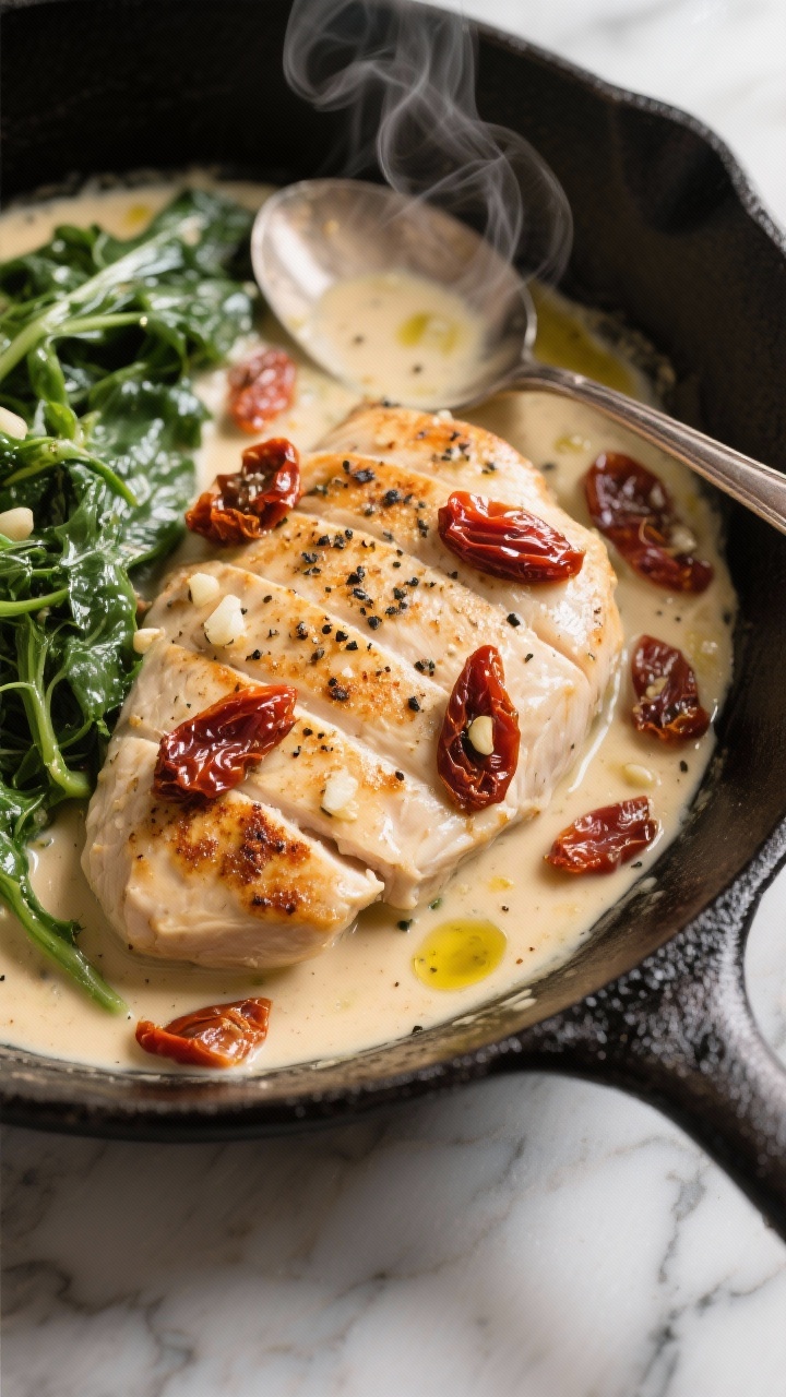 45-degree angle skillet scene of creamy Tuscan chicken: seared boneless, skinless chicken breast cutlets simmered in a rich cream sauce studded with sun-dried tomatoes and flecks of garlic powder and black pepper; glossy olive oil sheen and reserved tomato oil tinting the sauce; wilted greens folded in for contrast; served in a black cast-iron skillet on a marble surface with a spoon trail showing sauce thickness, steam gently rising.