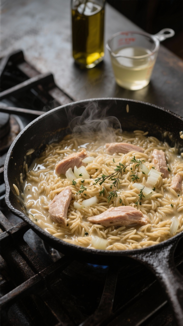Easy Thanksgiving Leftover Recipes That Turn Yesterday’s Dinner Into Something New—and Irresistible 45-degree angle skillet shot of creamy turkey orzo simmering on the stovetop: glossy orzo swirled in chicken/turkey stock with finely chopped onion, minced garlic, dried thyme/Italian seasoning, and a splash of white wine reducing; tender turkey pieces folded in; steam rising, glistening surface, specks of herbs visible; olive oil bottle and measuring cup with stock in the background; moody, cozy kitchen vibe with dark enamel skillet on a cast-iron grate, no hands, process-focused