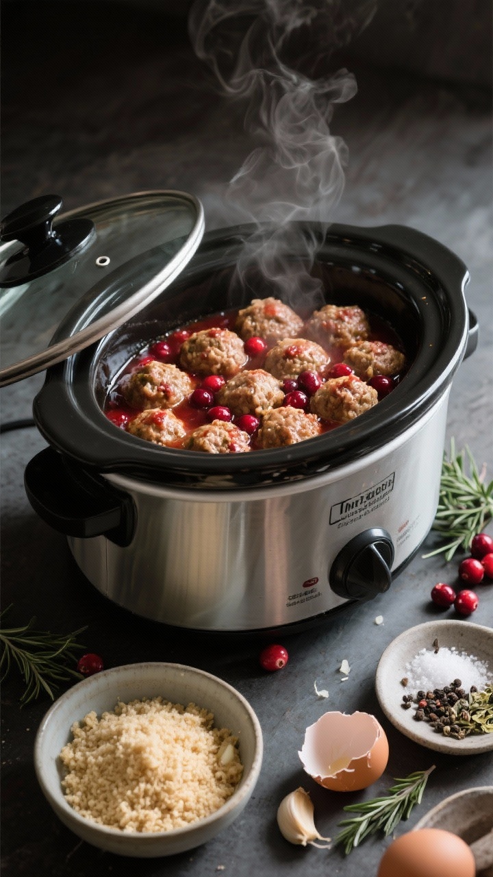 45-degree angle slow-cooker scene for turkey cranberry meatballs: the lid slightly ajar as steam escapes, showing tender ground-turkey meatballs simmering in tangy cranberry sauce; ingredients staged around the cooker as an ingredient-prep vignette—panko breadcrumbs in a small bowl, finely minced onion, minced garlic, a cracked egg, kosher salt, black pepper, and a pinch of dried herbs; moody yet inviting lighting with a focus on the set-it-and-mingle convenience; garnished with a few cranberries and thyme, no hands or people.