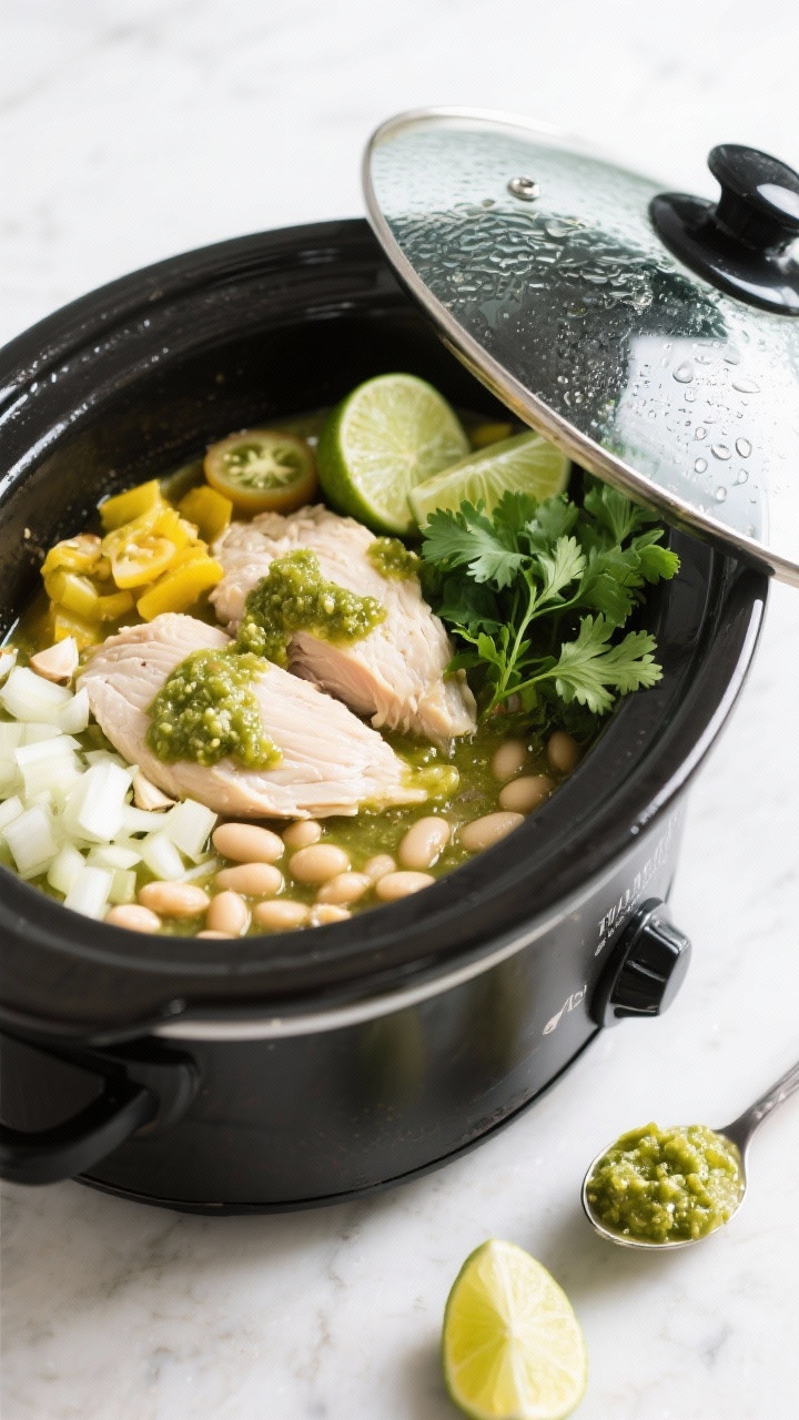 45-degree angle slow-cooker scene highlighting a set-and-forget verde white bean chicken chili: boneless skinless chicken breasts nestled with finely chopped yellow onion, minced garlic, rinsed cannellini beans, and visible pools of tomatillo salsa verde (glossy green) before cooking; ingredients arranged in a black ceramic slow cooker with a glass lid tilted to show condensation; fresh cilantro, lime halves, and a spoonful of salsa verde on the side; clean countertop, bright daytime light, inviting weeknight mood.