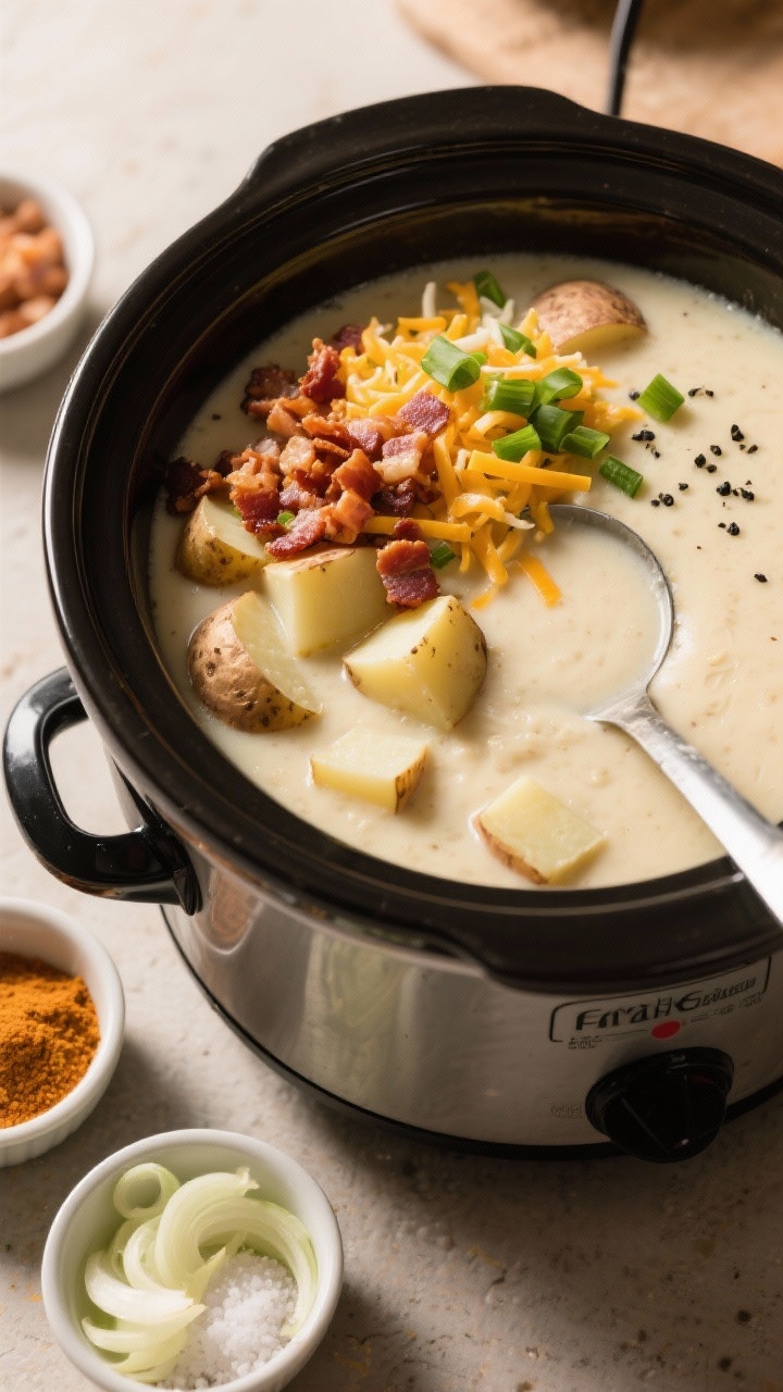 45-degree angle slow cooker scene of baked potato soup just finished: creamy base brimming with tender russet cubes, topped tableside with classic fixings—crisp bacon crumbles, shredded cheddar, sliced green onion, and a light sprinkle of black pepper; the slow cooker insert pulled forward with a ladle resting inside, small bowls of toppings arranged neatly, onion powder and kosher salt visible; warm, inviting family-style mood with soft shadows.