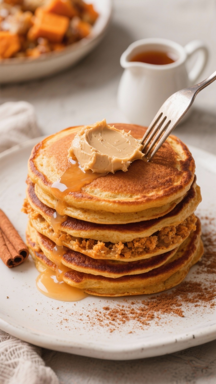 10 Easy Thanksgiving Leftover Recipes You Can Make in Under 20 Minutes—you’ll Crave These 45-degree angle stack of sweet potato pie pancakes: fluffy orange-hued pancakes made from leftover sweet potato casserole, topped with a generous dollop of maple cinnamon butter melting down the sides; dusting of cinnamon, a small pitcher of maple syrup, and a fork cutting in to reveal tender crumb; warm, brunchy ambiance.