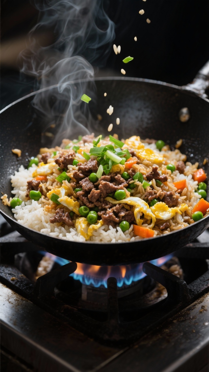 9 Leftover Ground Beef Dinners Ready in Under 20 Minutes You’ll Crave 45-degree angle wok action shot for five-alarm beef fried rice: day-old cold rice tossed with cooked ground beef, peas and carrots, and ribbons of lightly scrambled eggs; glossy grains that don’t clump, green onion slices sprinkled over, a sheen from neutral oil; steam rising, black carbon-steel wok on a gas flame, moody kitchen backdrop, sharp focus on separated rice kernels.