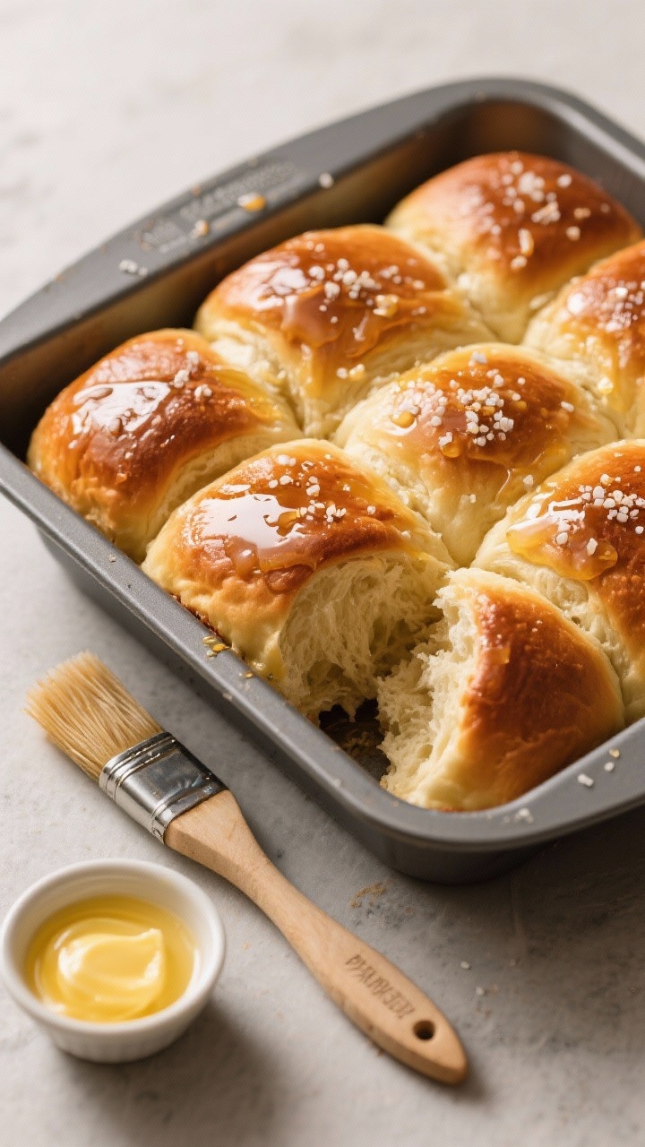 45-degree baking pan reveal: honey-butter pull-apart Parker House rolls made from store-bought dough, tightly nestled, deeply golden and brushed with melted butter and honey so they glisten. A sprinkle of flaky sea salt catching the light. An egg wash brush set aside with a small ramekin of melted butter, soft, pillowy crumb visible where one roll is slightly pulled away.
