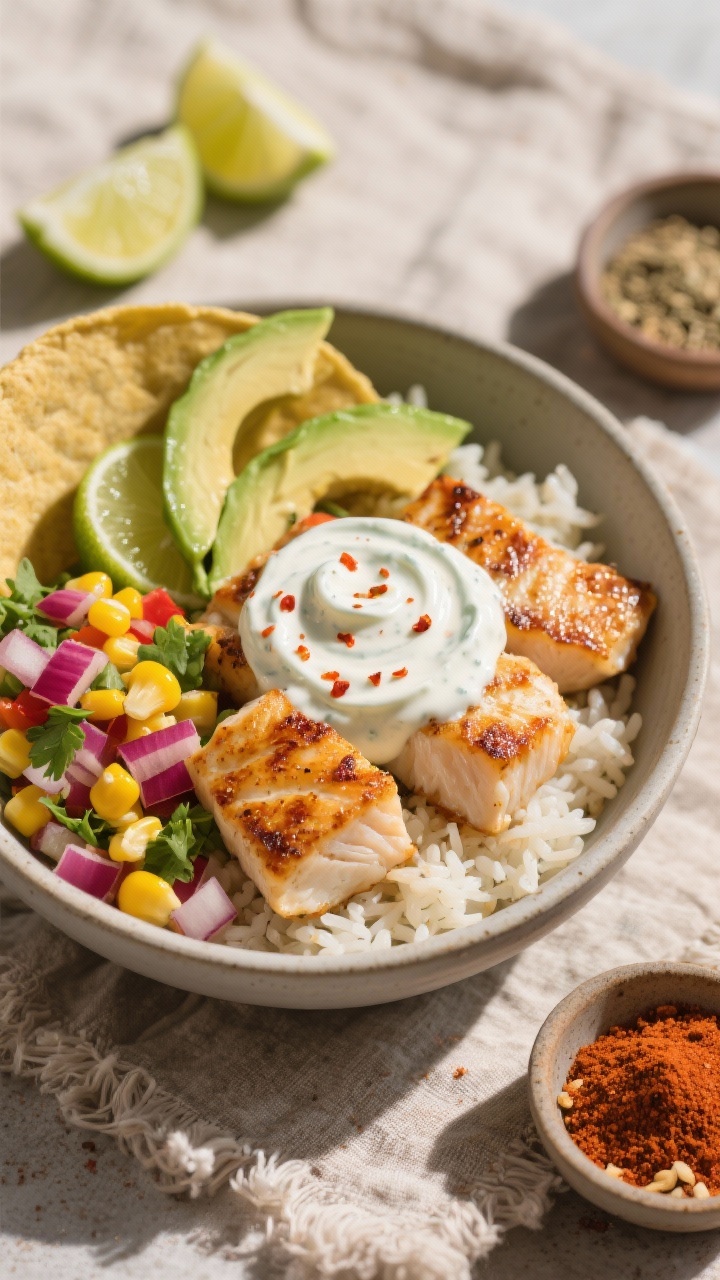 45-degree bowl build shot: speedy fish taco bowls with chili-lime yogurt drizzle—chunks of seasoned mild white fish (chili powder, cumin, smoked paprika, garlic powder) seared with light char, arranged over rice with a colorful corn salsa (sweet corn, red onion, cilantro, lime), avocado slices, and lime wedges; the yogurt sauce swirled on top with flecks of chili; warm, sunlit mood, matte ceramic bowls on a textured linen, spices in tiny pinch bowls nearby for context.