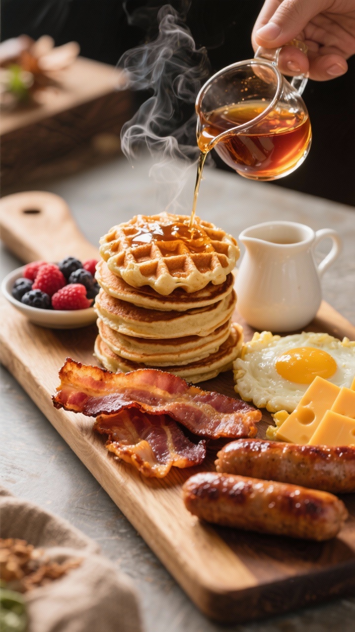 15 Festive Christmas Charcuterie Board Ideas for Holiday Parties That Wow 45-degree breakfast board with maple-bourbon vibe: stack of mini waffles and pancakes, crisp thick-cut bacon, browned breakfast sausage links, soft-set scrambled eggs, slices of smoked cheddar, fresh berries on the side; a small pitcher of maple-bourbon syrup mid-pour; warm morning light, enticing steam and syrup gloss.