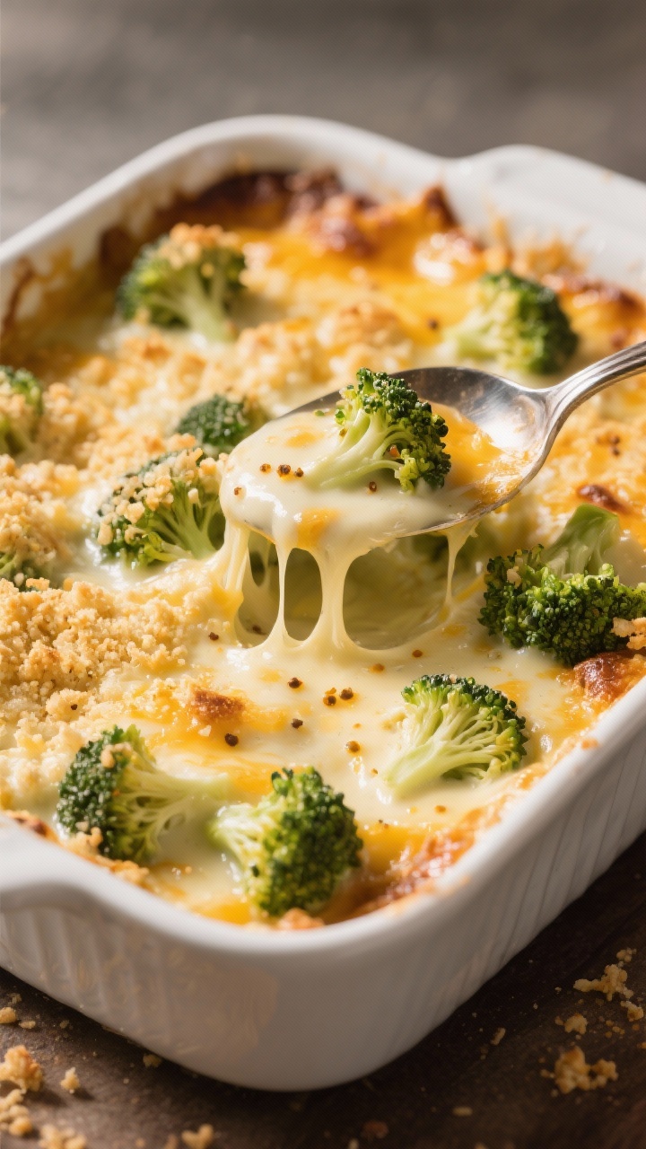 45-degree casserole beauty shot of cheesy baked broccoli gratin: tender broccoli florets nestled in a creamy Gruyère and sharp cheddar béchamel, bubbling around the edges, topped with golden butter-toasted breadcrumbs; spoon breaking the surface to show stretchy cheese and creamy sauce, flecks of Dijon peeking through, placed in a white ceramic baking dish under warm, directional light.