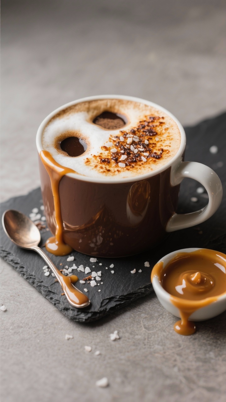 45-degree close-up of a Caramel Brulée Hot Cocoa Latte: a latte mug with two espresso shots blended with steamed milk, caramel sauce, hot cocoa mix, and vanilla, topped with a brulée-style toasty sugar crunch and an extra caramel drizzle cascading down the rim; rich chocolate-caramel colorway, sea salt flakes pinched over the foam for sparkle, set on a dark slate with a spoon streaked in caramel and a small bowl of caramel sauce in frame.