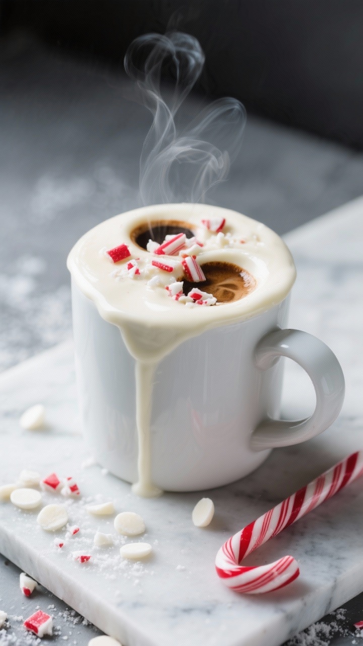 45-degree close-up of a Peppermint White Mocha in a white ceramic mug: melted white chocolate pooled and glossy at the rim, two shots of espresso swirling with steamed milk, peppermint syrup sheen, a faint ribbon of vanilla, topped with crushed candy cane bits; cool winter tones with pops of red and white, gentle steam visible, set on a marble slab with scattered white chocolate chips and a striped candy cane beside.