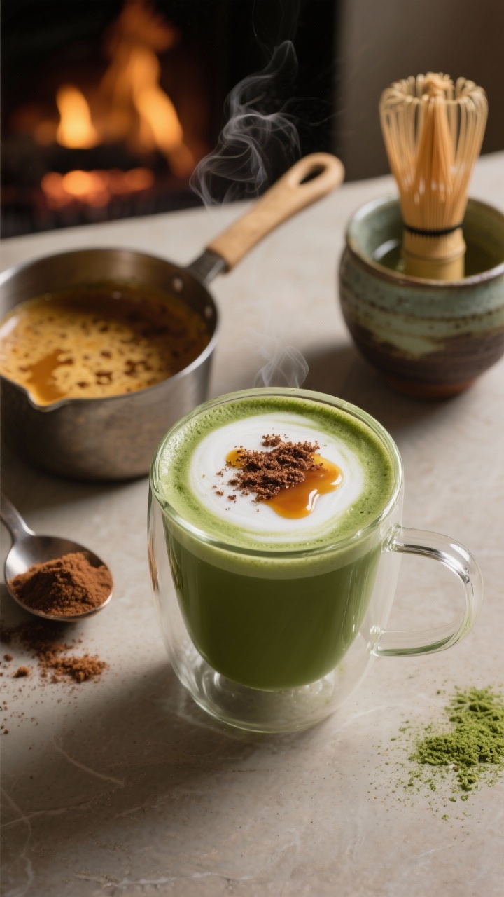 45-degree close-up of a Toasted Sugar Brown Butter Matcha in a heat-proof glass mug: deep green latte with silky microfoam, a drizzle of melted brown butter on top, and a dusting of dark brown sugar with a whisper of ground nutmeg; show a small saucepan in the background with foamy browned butter (golden, nutty speckles), a spoon of packed dark brown sugar, and a chawan with 1 tsp matcha whisked in 2 tbsp 175°F water; warm fireplace-toned backdrop, cozy mood, shallow depth of field, steam gently rising.