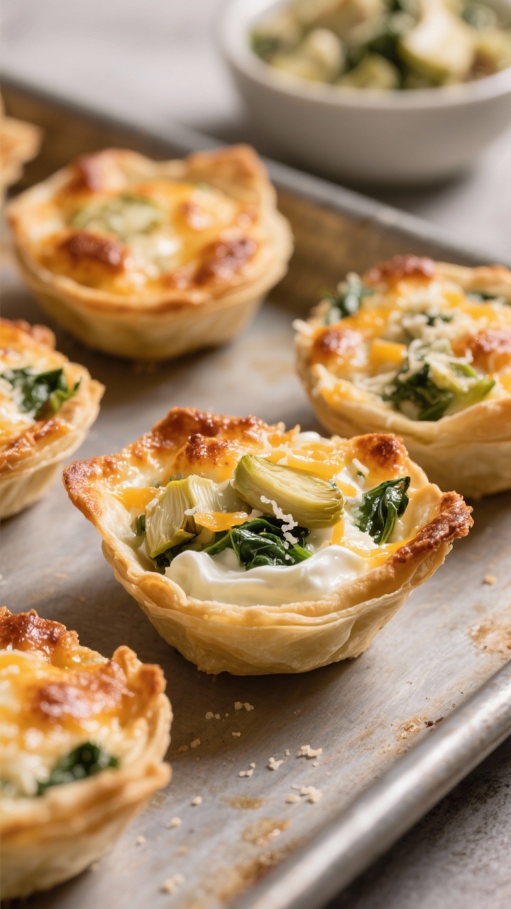 45-degree close-up of cheesy spinach-artichoke dip cups in crisp mini phyllo shells lined on a baking sheet, tops bronzed and bubbling with cream cheese, sour cream, mayonnaise, shredded mozzarella, grated Parmesan, chopped artichoke hearts, and spinach; buttery, flaky edges captured in detail, a small bowl of extra filling in the background, warm, inviting lighting.