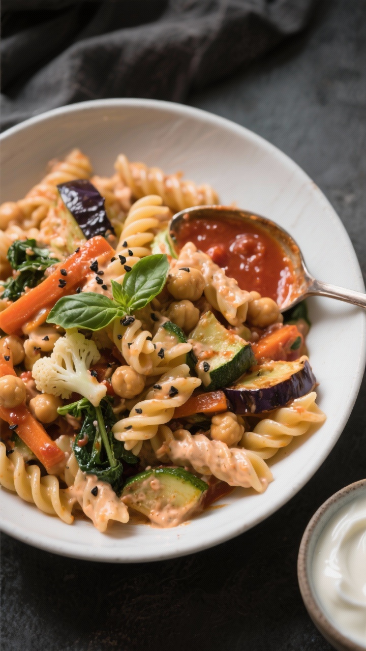 Healthy and Delicious Leftover Recipes for the Whole Family You’ll Make on Repeat 45-degree close-up of creamy chickpea pasta in a shallow white bowl: spiral or penne chickpea pasta coated in leftover marinara blended creamy with unsweetened plain yogurt, clinging to the ridges; folded-in leftover roasted veggies—carrots, zucchini, eggplant, spinach, cauliflower—adding color and texture; glossy sauce swirls, a sprinkle of freshly cracked black pepper and torn basil; a ladle with extra marinara and a small bowl of yogurt off to the side; moody, soft light highlighting the velvety sauce.
