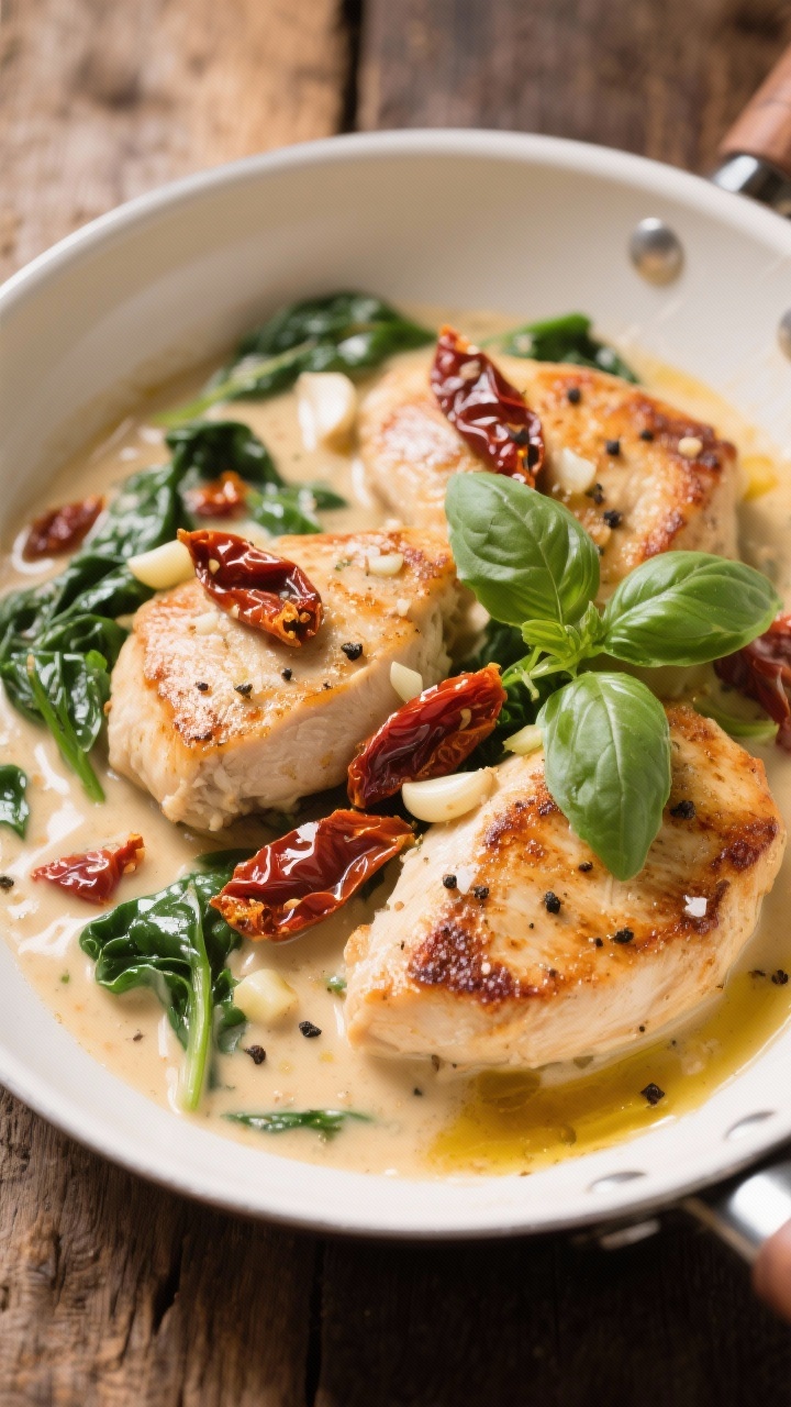 45-degree close-up of creamy Tuscan chicken lightened up: seared chicken cutlets nestled in a silky sauce with minced garlic, ribbons of sun-dried tomatoes, wilted spinach, and a touch of creaminess; flecks of kosher salt and black pepper visible on the cutlets, glossy sauce pooling around them in a shallow white skillet. Garnish with fresh basil and a light drizzle of the sun-dried tomato oil, warm side light to accentuate saucy shine, rustic wood backdrop.
