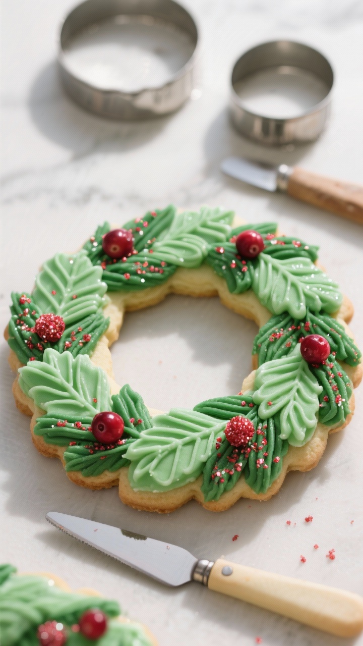45-degree close-up of Evergreen Wreath cookies: ring-shaped cookies iced in layered shades of green with piped leaf texture forming a lush wreath; dotted with sparkling red sanding sugar “cranberries”; a small offset spatula and two round cutters (large and small) in the background; natural daylight enhances the green depth and the sugar sparkle.