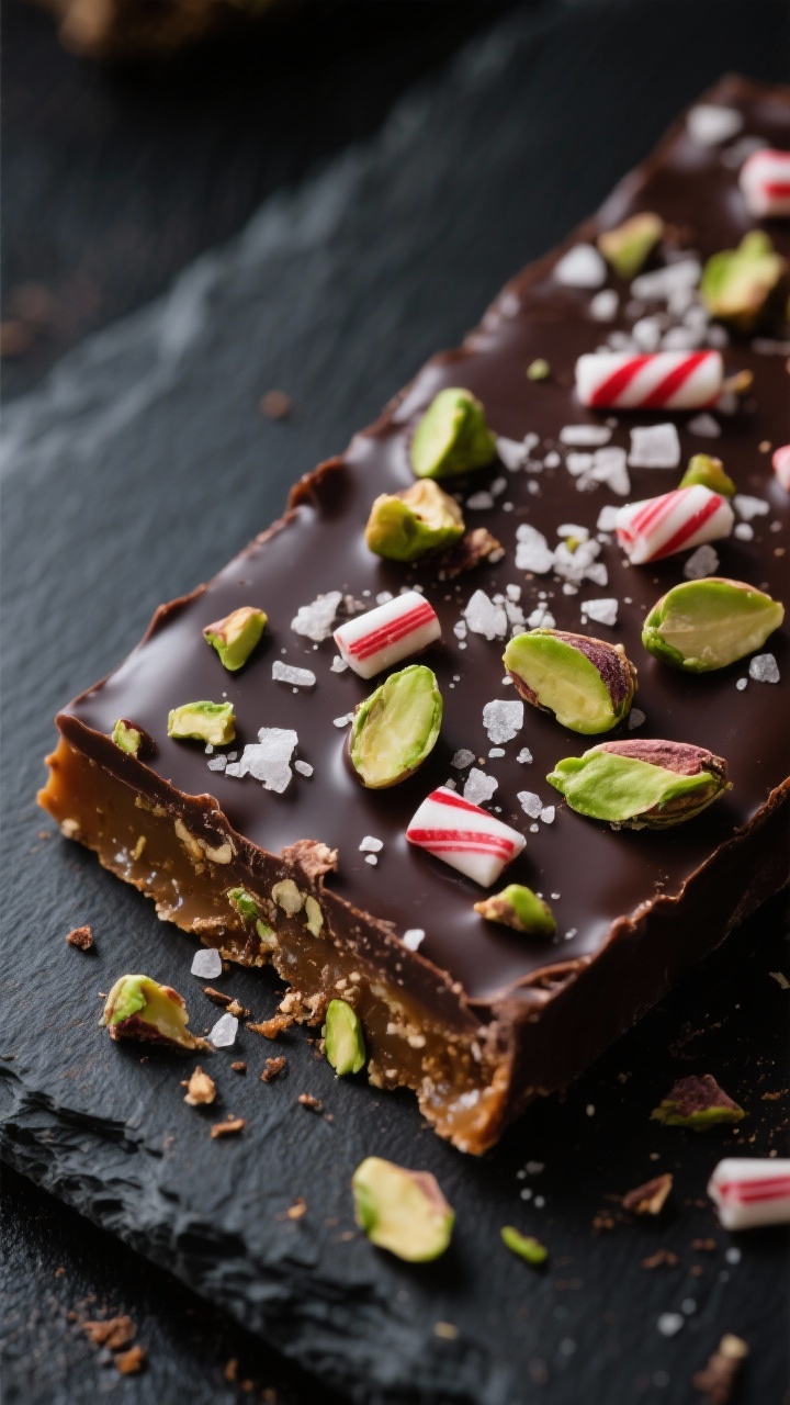 45-degree close-up of finished dark chocolate peppermint pistachio toffee: a slab of saltine-based toffee coated in glossy dark chocolate (60–72%) scattered with crushed candy cane and roughly chopped pistachios, visible sea salt crystals, clean fracture lines showing caramelized dark brown sugar layer; set on a dark slate board for contrast, shallow depth of field, moody lighting to highlight the rich chocolate and green pistachio pops; no people, just a few crumbs for realism.