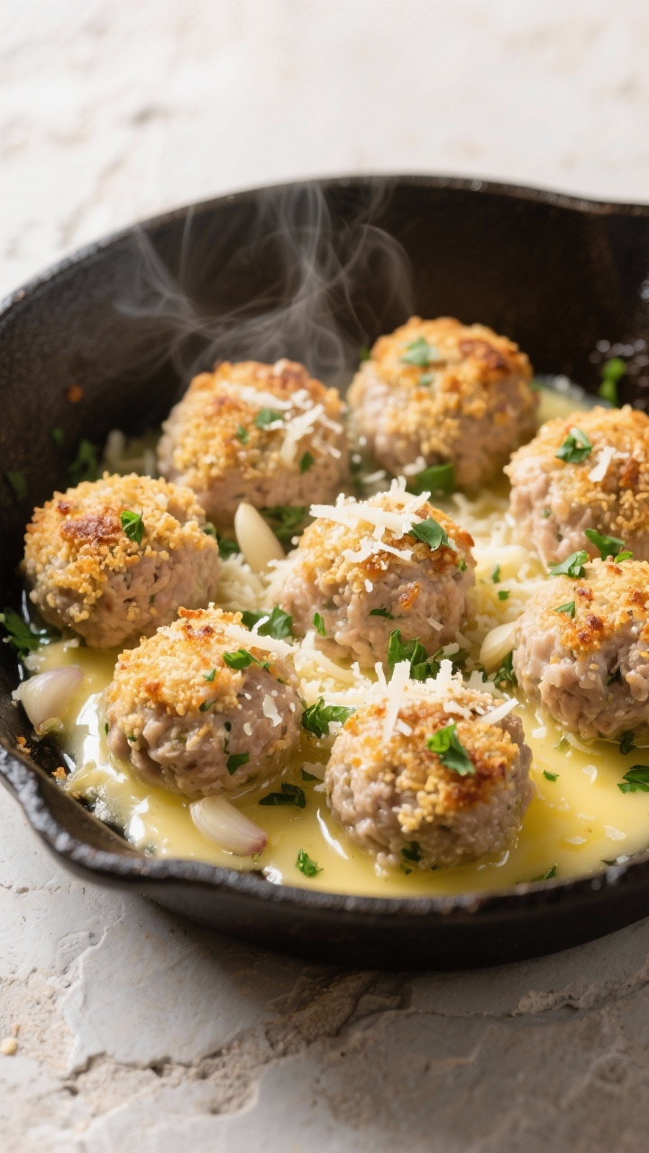 45-degree close-up of garlicky Parmesan party bites just out of the oven, brushed in a melted herby butter bath; visible grated Parmesan on the surface, golden panko crust, specks of minced garlic and onion powder; ground chicken/turkey (93% lean) meatballs arranged in a cast-iron skillet with butter pooling at the edges, steam rising; garnished with chopped fresh parsley to underline the herby vibe; neutral stone backdrop, crisp highlights on the buttery gloss.