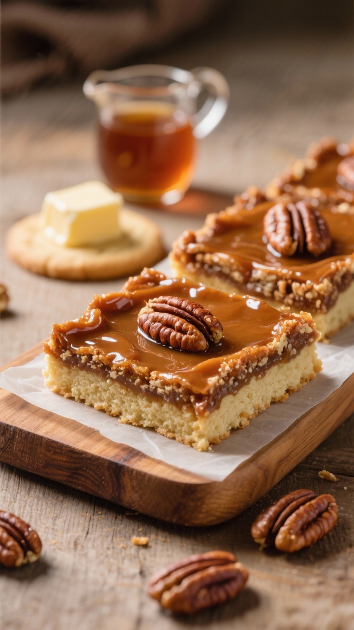45-degree close-up of pecan pie bars in cookie form on a wooden board, thick glossy pecan-maple corn syrup layer with toasted pecan halves atop a pale shortbread base; sticky caramelized edges catching light, with a small pitcher of maple syrup and a pat of butter on parchment nearby.