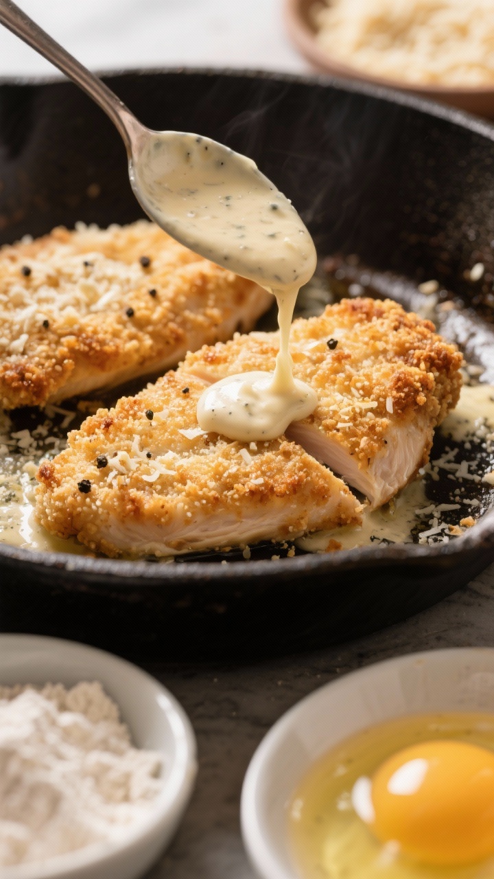 45-degree close-up process shot: Crispy Parmesan creamy garlic chicken cutlets—thin breaded cutlets made from halved chicken breasts, dredged in seasoned flour, dipped in beaten eggs, and coated with panko and grated Parmesan—sizzling in a skillet until golden and craggy. Show a spoon drizzling thick creamy garlic sauce over one cutlet, with the breadcrumb texture and pepper specks visible. Include nearby shallow bowls of flour, beaten eggs, and panko-Parmesan mix to the side. Warm tones, crunchy detail, shallow depth of field.