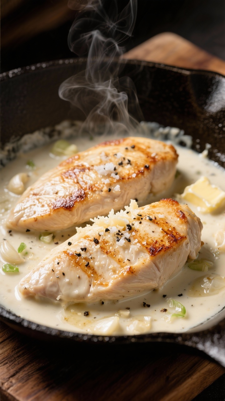 45-degree close-up skillet shot: seared chicken breasts in a creamy garlic parmesan sauce, visible minced garlic and butter sheen, sauce lightly thickened with flour clinging to the chicken, cracked black pepper and a sprinkle of kosher salt on top, steam rising, cast-iron skillet on a wooden board, moody light highlighting silky, ivory sauce with golden sear marks.